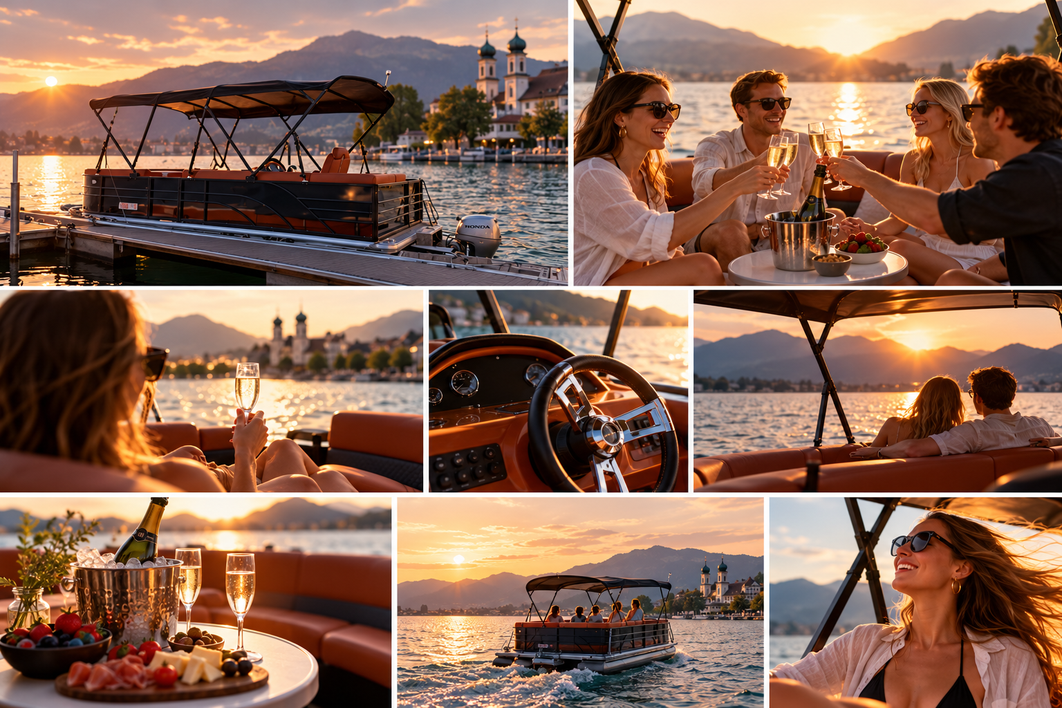 Pontonboot mit dunklem Sonnenverdeck und hellen Lounge-Polstern am Steg